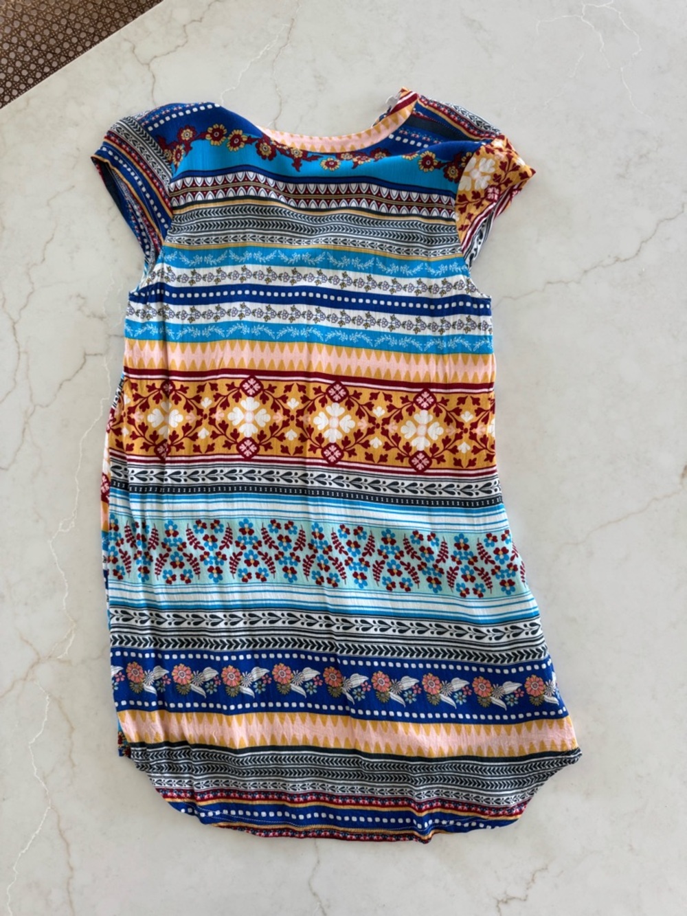 Striped Boho Print Short Sleeve Dress - Blue, Turquoise & Marigold